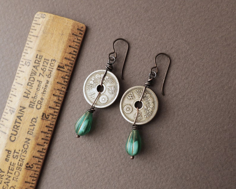 Japanese Coin Earrings Aqua Blue Glass image 4