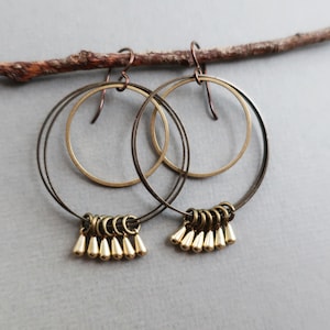 Bronze Hoop Earrings, Raw Brass Dangle Earrings, Chimes, Gold, Boho Earrings, Mixed Metal, Hypoallergenic, Gift for Her
