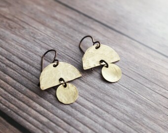 Hammered Brass Geometric Earrings: Hypoallergenic Niobium Ear Wires