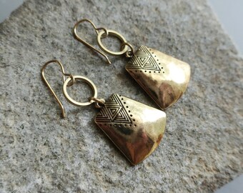 Brass Geometric Earrings Etched Modern Tribal Style, Long Dangle Earrings