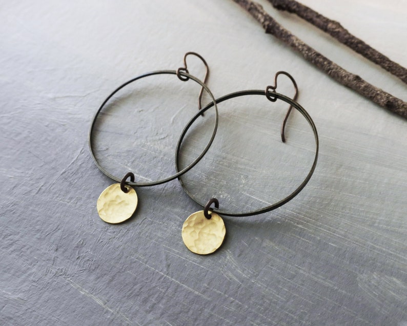 Brass Disc and Bronze Hoop Earrings Hammered Raw Brass, Boho Earrings image 2