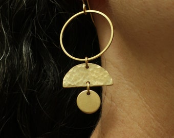 Brass Hoop Earrings Geometric Brass Earrings // Boho Earrings // Gold Long Earrings