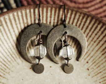 Bronze Moon Earrings - Quartz Crystal, Mixed Metal Earrings, Hypoallergenic Niobium Ear Wires