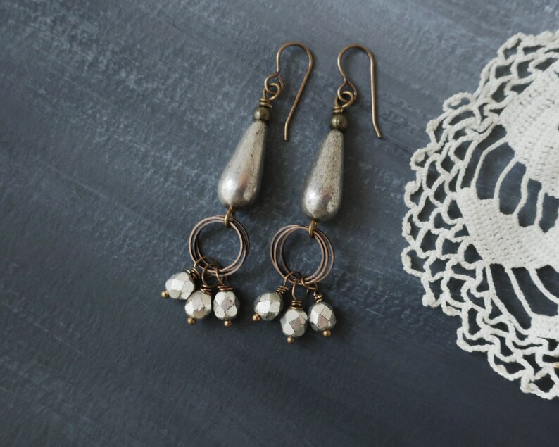 Silver Teardrop Earrings Czech Glass Antiqued Silver Earrings, Bling, Sparkle, Brass, Copper Mixed Metal image 1