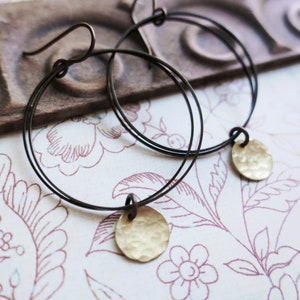 Brass Disc and Bronze Hoop Earrings Hammered Raw Brass, Boho Earrings image 1