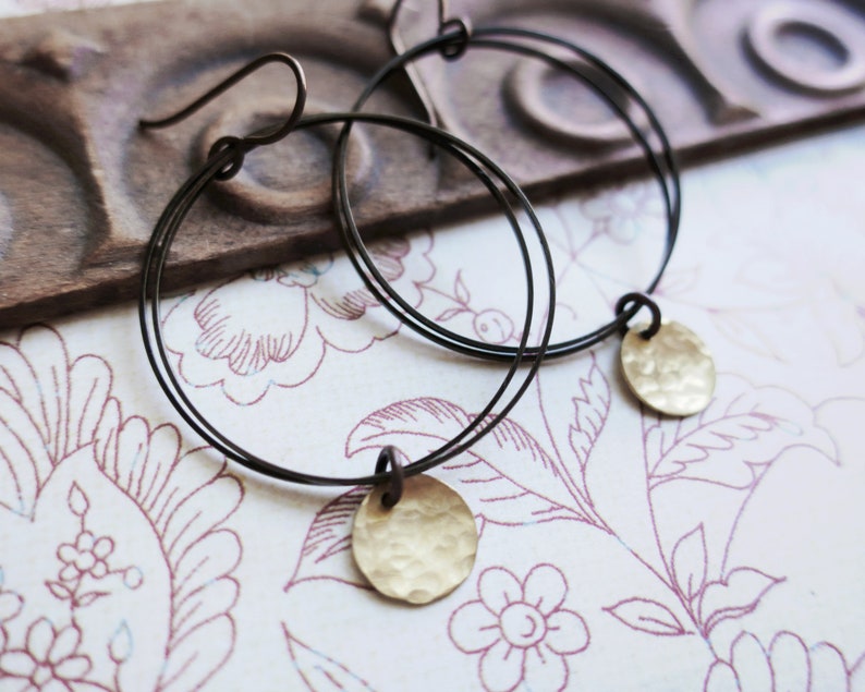 Brass Disc and Bronze Hoop Earrings Hammered Raw Brass, Boho Earrings image 1