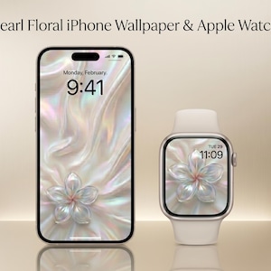 Peut inclure: Un smartphone et une montre connectée affichant le design Pearl Floral iPhone Wallpaper & Apple Watch. Les écrans présentent une texture de tissu nacré, irisé et chatoyant avec un motif central de fleur à cinq pétales dans des tons blanc et rose.