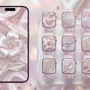 May include: A smartphone and nine smartwatches displaying digital wallpapers with a pearlescent pink satin texture. The screens feature various embossed designs including a flower, a heart, a hummingbird, leaves, and a bee, all showing the time 10:10.