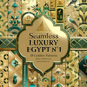 May include: A collection of 18 golden seamless patterns with Egyptian motifs, including ankhs, pyramids, and hieroglyphs. The patterns are in shades of gold, teal, and green. The image includes the text "Seamless LUXURY EGYPT N°1".