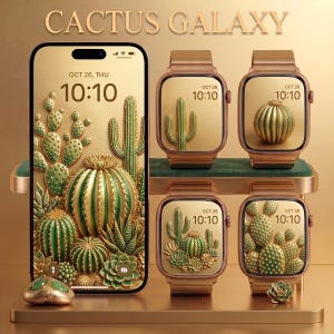 Peut inclure: Un smartphone et quatre montres connectées avec des fonds d'écran numériques assortis sur le thème du cactus doré et vert. L'écran affiche le texte CACTUS GALAXY en haut, avec la date OCT 26, THU et l'heure 10:10 sur tous les appareils.