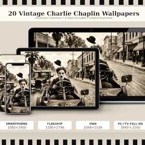 Peut inclure: Présentation numérique de fonds d'écran vintage de Charlie Chaplin. L'image montre un smartphone, une tablette et un ordinateur portable affichant des images sépia de Chaplin dans une voiture. Le texte indique "20 fonds d'écran vintage Charlie Chaplin" et comprend les tailles d'écran.
