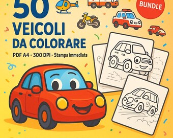 Può includere: Un pacchetto di download digitale di 50 pagine da colorare di veicoli. L'immagine presenta un'auto dei cartoni animati rossa con una faccia sorridente, insieme ad altri veicoli come un elicottero, un'ambulanza e una moto. Il testo recita "50 Veicoli da colorare".