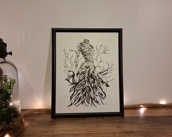 Dessin original, illustration noir et blanc, réalisé à la main à l'encre de chine et au feutre fin.