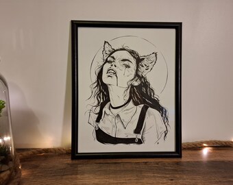 Werewolf girl - Dessin original, illustration noir et blanc, réalisé à la main à l'encre de chine et au feutre fin.