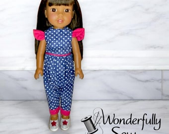 Romper &quot;Remi&quot; Outfit for 14” Dolls | Navy Dots | Fits WellieWishers™