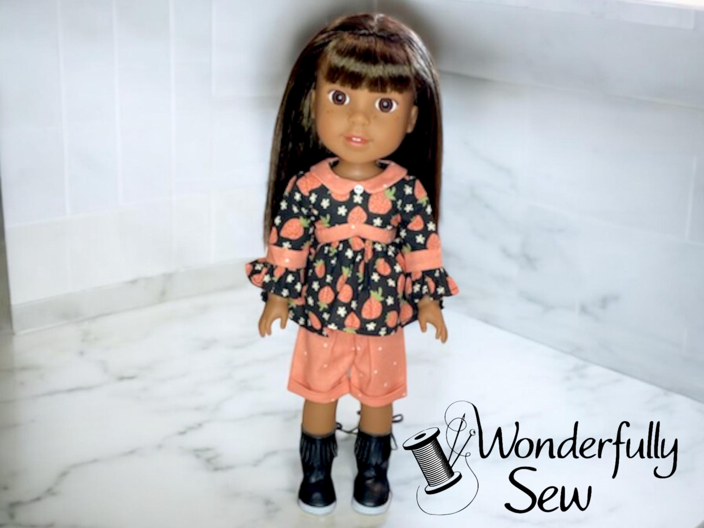 Pleated Shorts and Top "Poppy" Outfit for 14” Dolls | Strawberries | Fits WellieWishers™