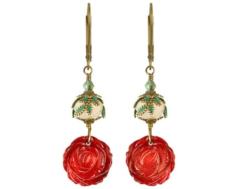 Boucles D'oreilles Anciennes En Argent Massif Et Corail Sculpté