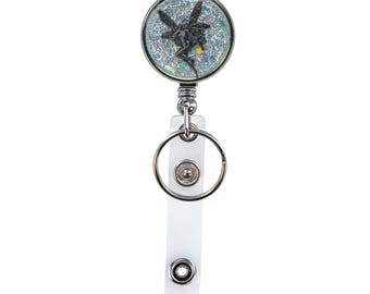 Black Fairy on Silver Glitter Background I.D. Badge Name Tag Holder - C-NT4