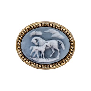 Gentle Bond - Mare and Foal in Pasture Brooch - Equestrian Love - Pastoral Elegance