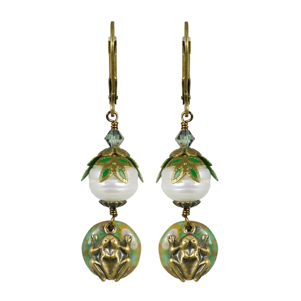 Frog on a Lilypad Earrings with Pearls and Hand Painted Leaf Accents Sittin Fairyland Earrings