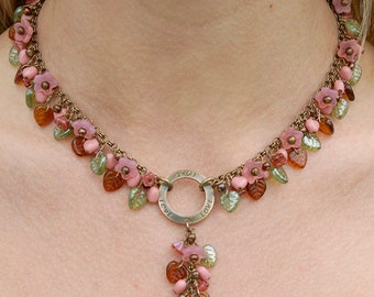 Flower Necklace, Feminine, Layered Floral Necklace and Earrings Set Pink Hearts Pink Flowers