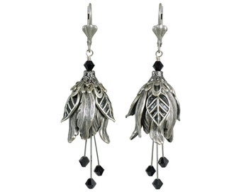 Silver and Black Hand-Painted Tulip Flower Fairy Earrings