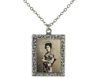 Geisha with Blue Umbrella Pendant Necklace