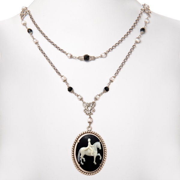 Elegant Dressage Cameo Necklace with Faceted Onyx and Freshwater Pearls