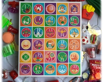 Calendario de Adviento de Ramadán para niños con juguetes, papelería y actividades islámicas diarias.