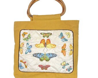 Puffy Butterfly Purse from Heirloom Designs of Lookout Mountain, Canvas Tote With Bamboo Wood Handles In Yellow