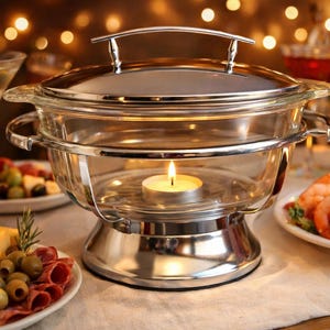 May include: A clear glass and chrome chafing dish with a lit candle inside, surrounded by plates of food and drinks. The chafing dish has a lid and handles. The scene is set for a dinner party.