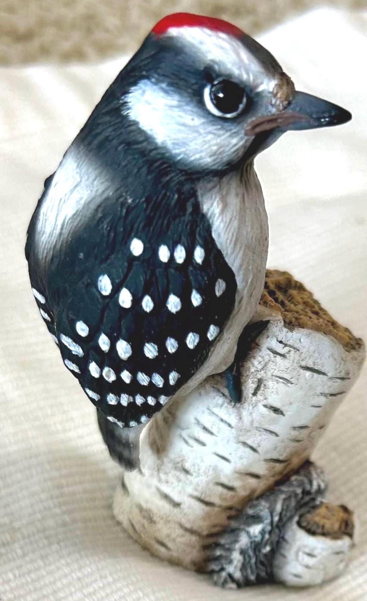 Downy Woolpecker on Birch Bird by Richard Lamson Studios Figurine