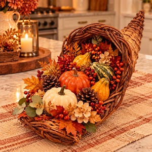 May include: A woven wicker cornucopia overflowing with a seasonal arrangement of orange, white, and striped gourds, pinecones, red berries, and autumn-colored maple leaves. The centerpiece rests on a textured, striped fabric table runner.