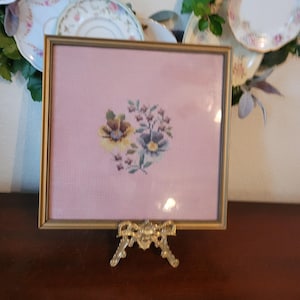 Vintage Needlepoint of Flowers on  Pink Background ~ Professionally Framed