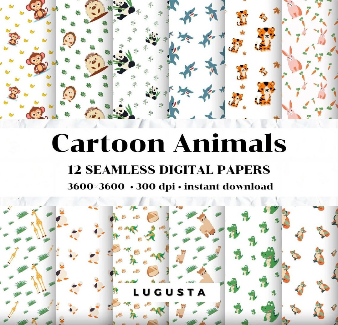 12 Cute Animals Printable Paper Seamless Pattern Designs Instant ...