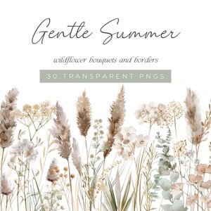 Aquarell Wildblumen Clipart, Sommer Blumen Clipart, hellgrüne und weiße Blumensträuße, Aquarell Wiese Bordüre, Wildblumen Bordüre