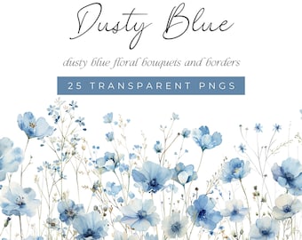 Dusty Blue Watercolor Wildflower Clipart, Blue Floral Clipart, Blue Watercolor Floral Bouquets, Soft Blue Wildflower Border ClipArt