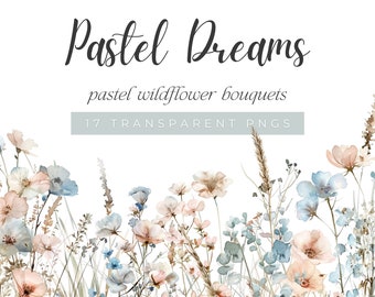 May include: A watercolor illustration of a bouquet of pastel wildflowers, including blue, pink, and brown flowers, with tall grasses and stems. The text "Pastel Dreams" and "pastel wildflower bouquets" is above the image, and "17 TRANSPARENT PNGS" is below the image.