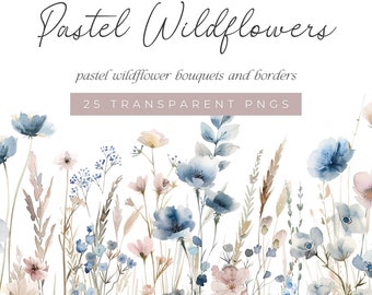 May include: A watercolor illustration of a field of pastel blue and pink wildflowers. The flowers are arranged in a border along the bottom of the image. The text "Pastel Wildflowers" and "pastel wildflower bouquets and borders" is at the top of the image. The text "25 TRANSPARENT PNGS" is in the middle of the image.
