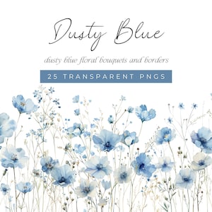 Imágenes prediseñadas de flores silvestres de acuarela azul polvoriento, imágenes prediseñadas florales azules, ramos florales de acuarela azul, imágenes prediseñadas de borde de flores silvestres azules suaves