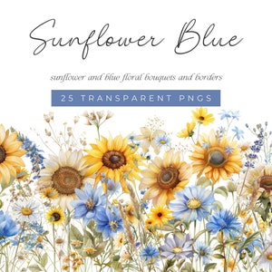 Sonnenblume und blaue Blumensträuße und Ränder, Aquarell Sonnenblumenwiese Clip Art, Sommer Sonnenblumenfeld Clip Art, blaue Blume Sonnenblume