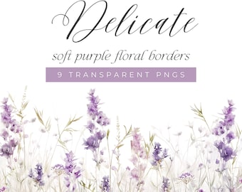 May include: A watercolor illustration of a purple floral border with delicate lavender flowers and green foliage. The border is perfect for adding a touch of elegance to any design project.