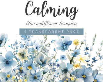 Watercolor Floral Clipart, Blue Wildflowers Clipart, Dusty Blue and Yellow Floral Bouquet, Watercolor Wildflower Bouquets, Wedding Clipart