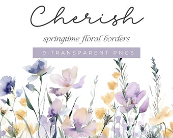 Watercolor Floral Clipart, Spring Wildflowers Clipart, Purple Floral Border, Watercolor Floral Border, Spring Flower Clipart, Border Clipart