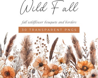Fall Wildflower Bouquets and Borders, Watercolor Autumn Floral Clipart, Fall Meadow Flower Clip Art, Fall Clipart, Wildflowers and Feathers