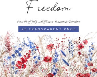 Fourth of July Wildflower Bouquets and Borders, Watercolor Floral Clip Art, Red White And Blue Flower Clipart, Fourth of July Watercolors