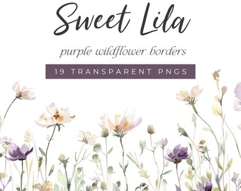 Watercolor Floral Clipart, Purple Wildflowers Clipart, Purple Floral Border, Watercolor Floral Border, Spring Flower Clipart, Border Clipart
