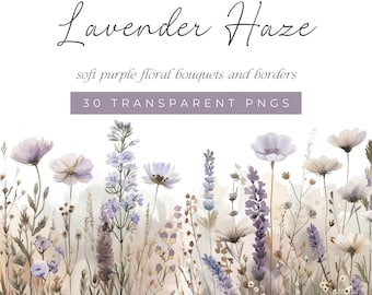 Lavender Watercolor Wildflower Clipart, Soft Purple Floral Clipart, Light Purple Watercolor Floral Bouquets, Purple Wildflower Border
