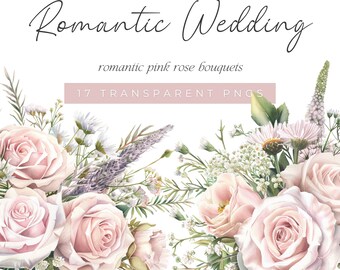 Romantische bruiloft illustraties, roze roos & baby's adem aquarel boeketten, aquarel bloemen illustraties voor huwelijksuitnodigingen, zacht roze roos