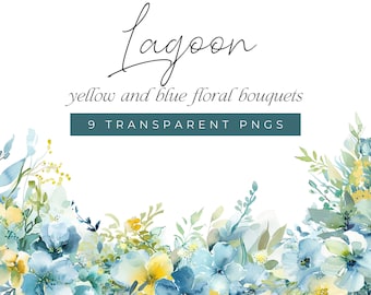 Spring Watercolor Clipart, Watercolor Floral Clipart, Blue and Yellow Floral Bouquet, Blue Floral Art Wedding Invitations, Soft Blue Flowers